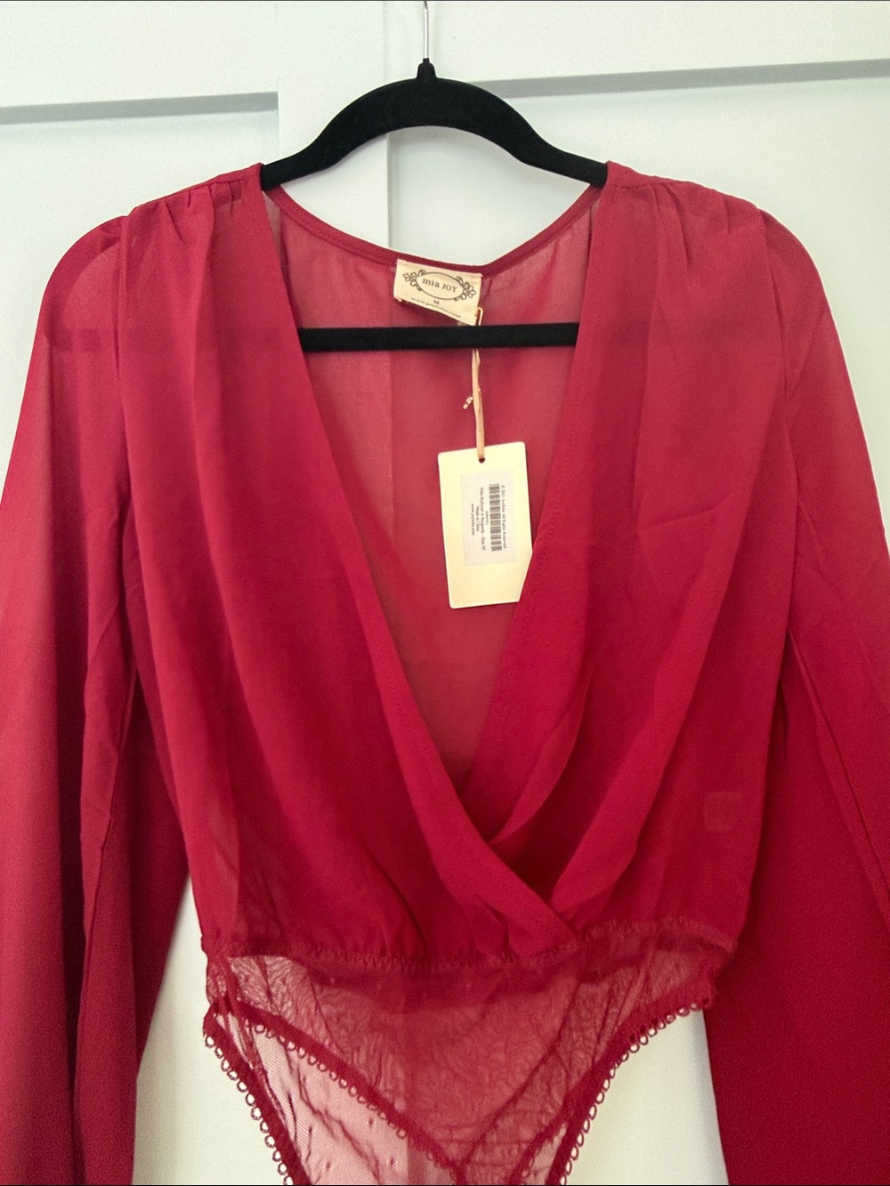 Joyfolie Sheer Wrap Bodysuit in Burgundy